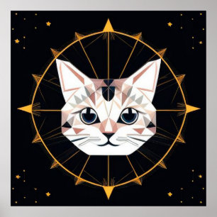 Geometrische Katzenkunst mit goldenen Sternen für  Poster