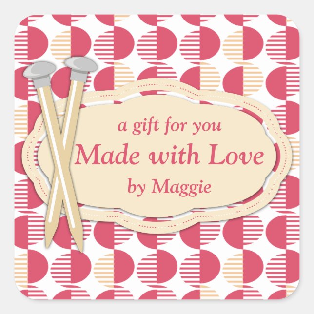 geometrische Kreise Stricknadeln rot Quadratischer Aufkleber (Vorderseite)