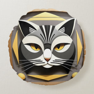 Geometrische Kunst einer stilisierten Katzenabstra Rundes Kissen