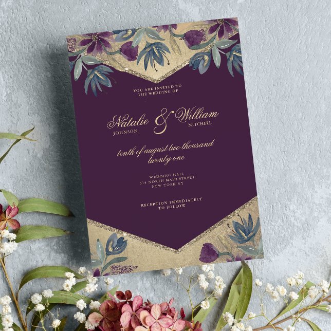 Geometrische lila Goldblumenhochzeit Einladung (Geometrical purple gold watercolor floral wedding )