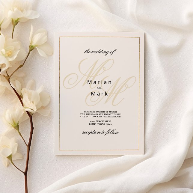 Geometrische Monogramminitialen für Elfenbeingold  Einladung (Geometrical ivory gold monogram initials Wedding )