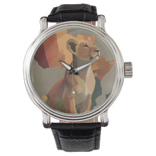 Geometrische Mosaiklioness mit stilisierter Afrika Armbanduhr