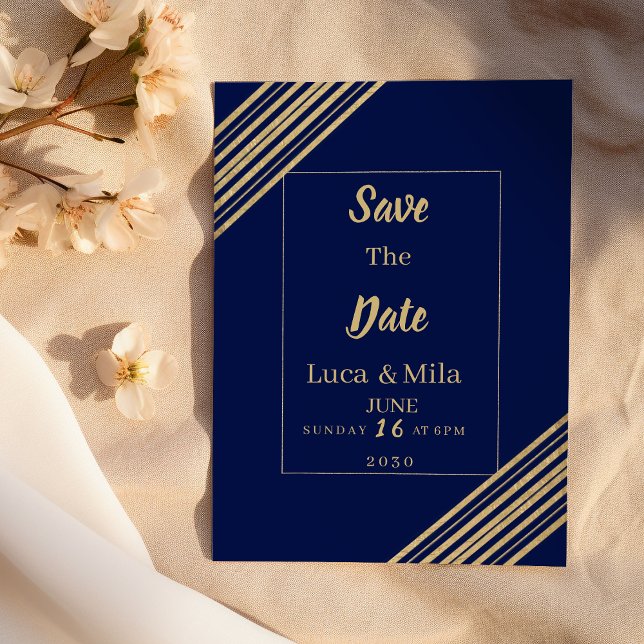 Geometrische Navy-Blau-Gold-Typografie Save the Da Einladung (Geometric navy blue gold typography Save the Date)