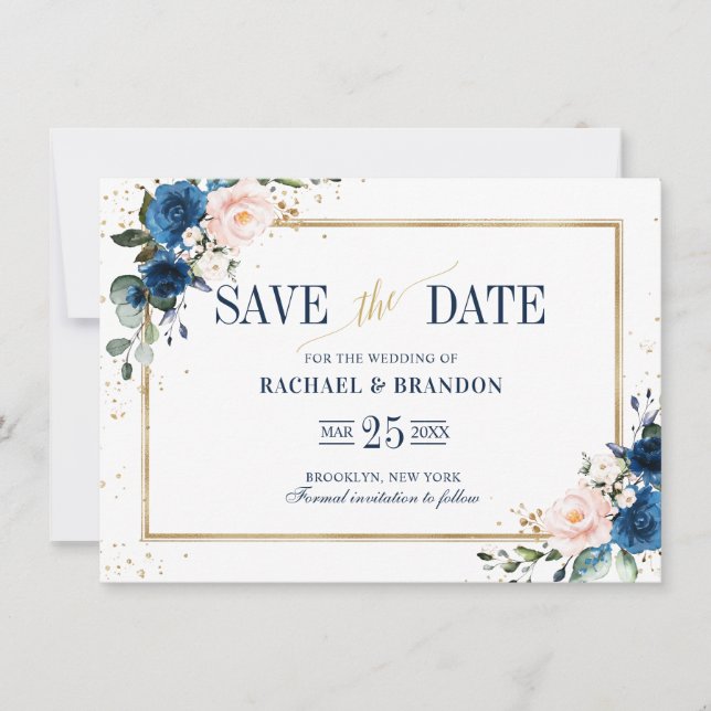 Geometrische Navy Blue Blush Pink Save the Date (Vorderseite)
