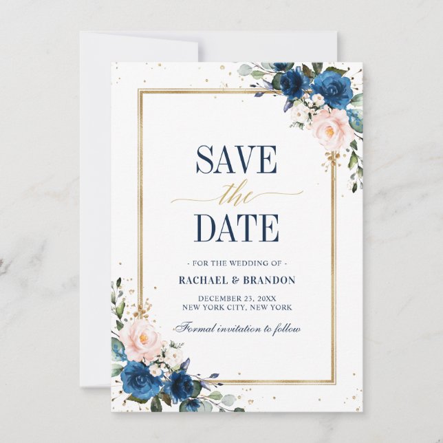 Geometrische Navy Blue Blush Rose Save the Date (Vorderseite)