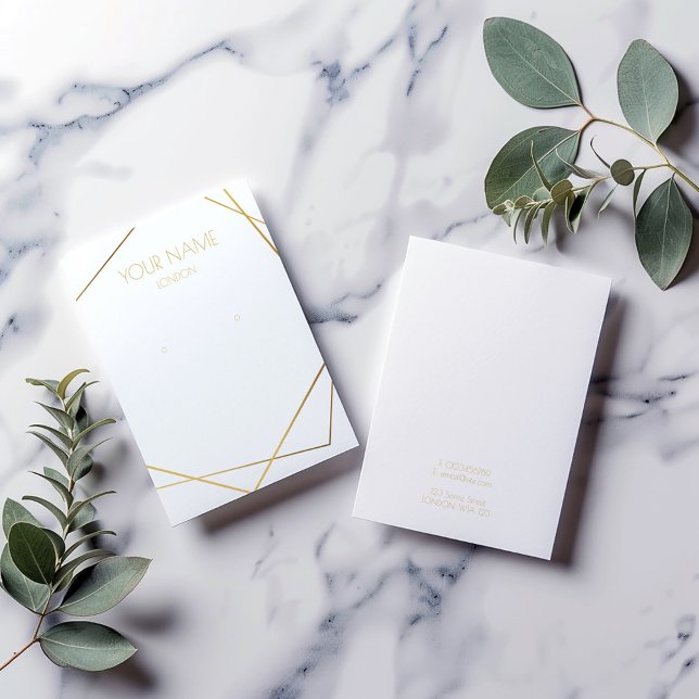 Geometrische Ohrring-Karte in Weiß und Gold (Gold geometric frame, simple and modern earring display holder.)