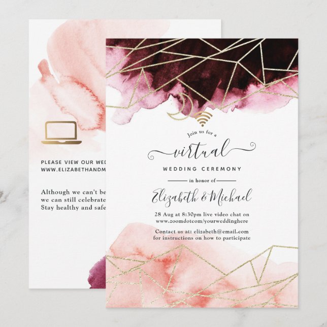 Geometrische Online-Virtuelle Hochzeit mit Burgund Einladung (Vorne/Hinten)