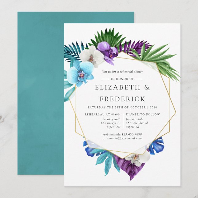 Geometrische Orchideen Probe Abendessen Einladung (Vorne/Hinten)