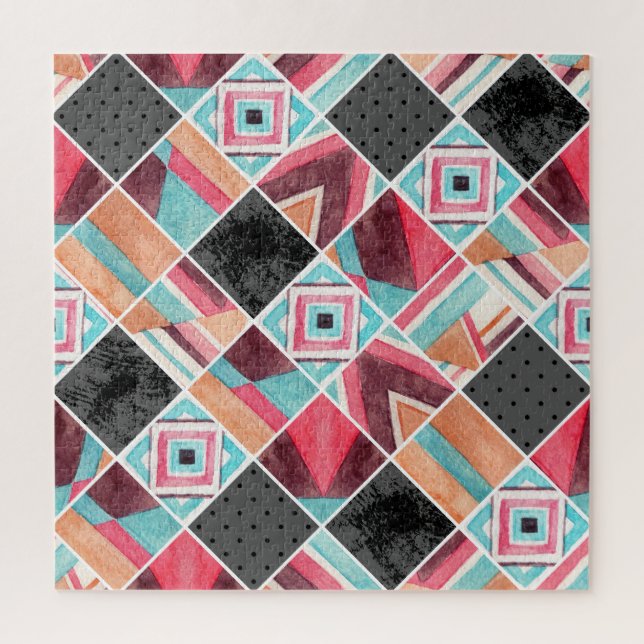 Geometrische Quadrate, Aquarell-Patchwork Puzzle (Vertikal)