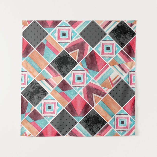 Geometrische Quadrate, Aquarellmuster Wandteppich (Vorderseite)