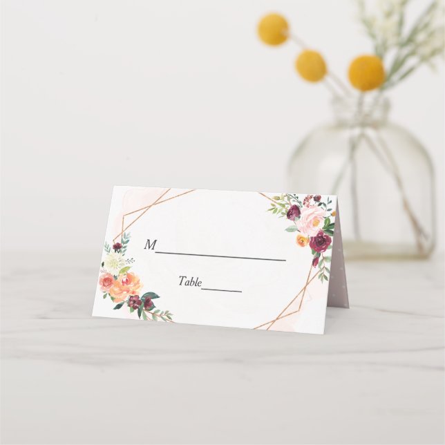 geometrische Rahmen Bright Bloom Floral Wedding Ta Platzkarte (Vorderseite)