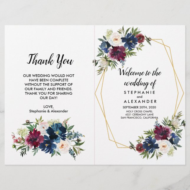 Geometrische Rahmen Burgundy Navy-Blume Hochzeit (Vorderseite)