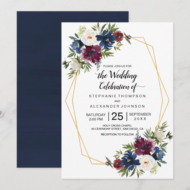 Geometrische Rahmen Burgundy Navy-Blume Hochzeit Einladung (Vorne/Hinten)