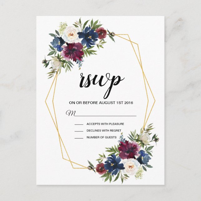 Geometrische Rahmen Burgundy Navy-Blume Hochzeit Einladungspostkarte (Vorderseite)