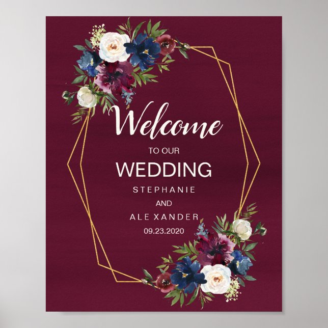 Geometrische Rahmen Burgundy Navy-Blume Hochzeit Poster (Vorne)
