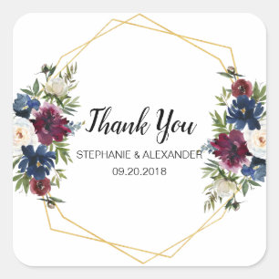 Geometrische Rahmen Burgundy Navy-Blume Hochzeit Quadratischer Aufkleber