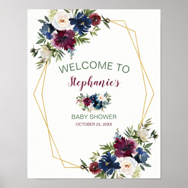 Geometrische Rahmen Burgundy Navy Blume Kinderdusc Poster (Vorne)