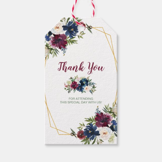 Geometrische Rahmen Burgundy Navy Blume Vielen Dan Geschenkanhänger (Vorderseite)