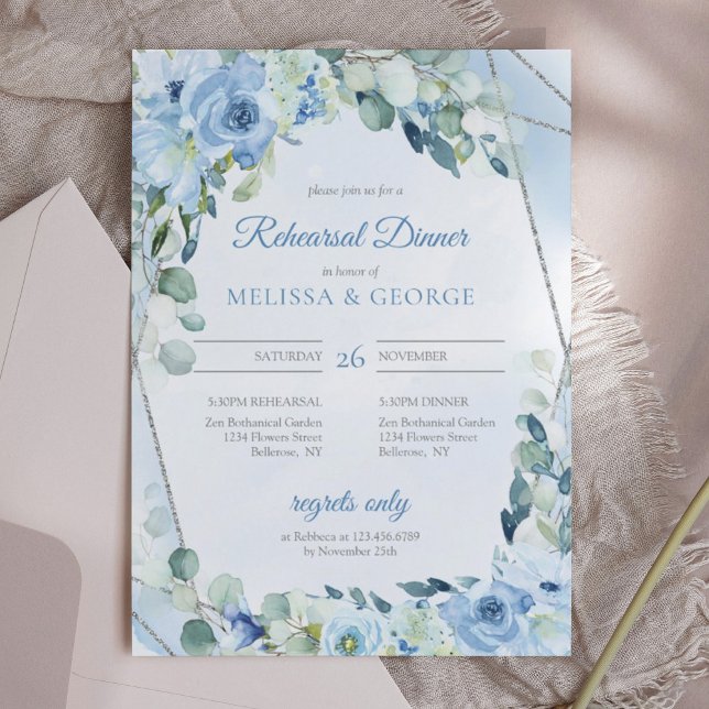 Geometrische Rahmen-Probe für dunkelblaue Floral Einladung (chic winter watercolor blue flowers mixed fresh eucalyptus and silver frame rehearsal dinner invite)
