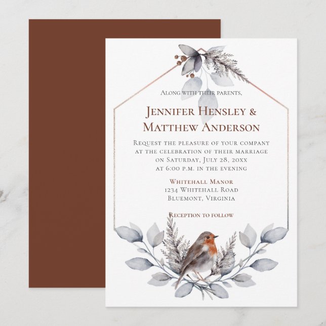 Geometrische Rahmen Silver Graurost Blätter Bird Einladung (Vorne/Hinten)