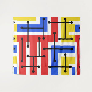 Geometrische Retro-Kunst Maze Primärfarben Wandteppich