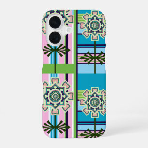 Geometrische Retro-Muster und Fantasie-Blume iPhone 16 Hülle