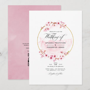 Geometrische rosa Kirschblüten-QR-Code-RSVP-Hochze Einladung