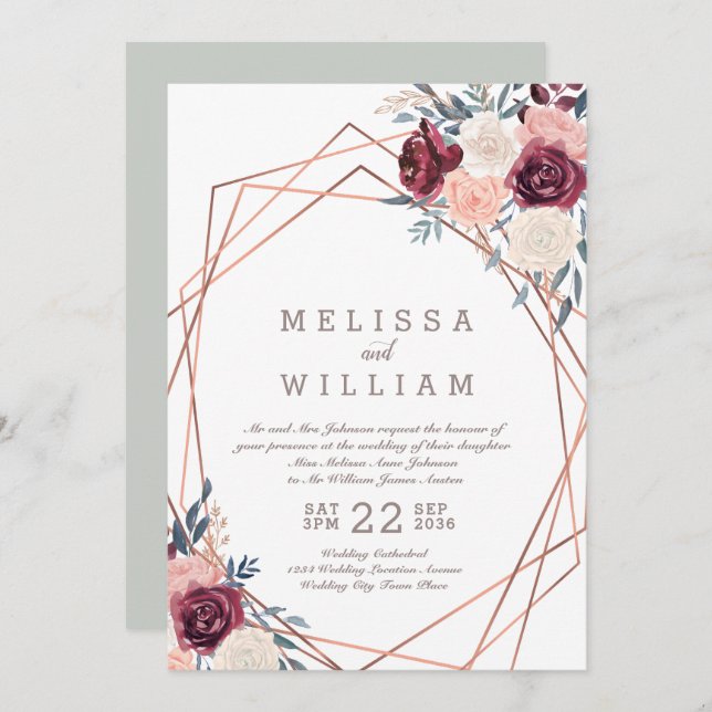 Geometrische Rose der Floral Burgund Elfenbeinhoch Einladung (Vorne/Hinten)