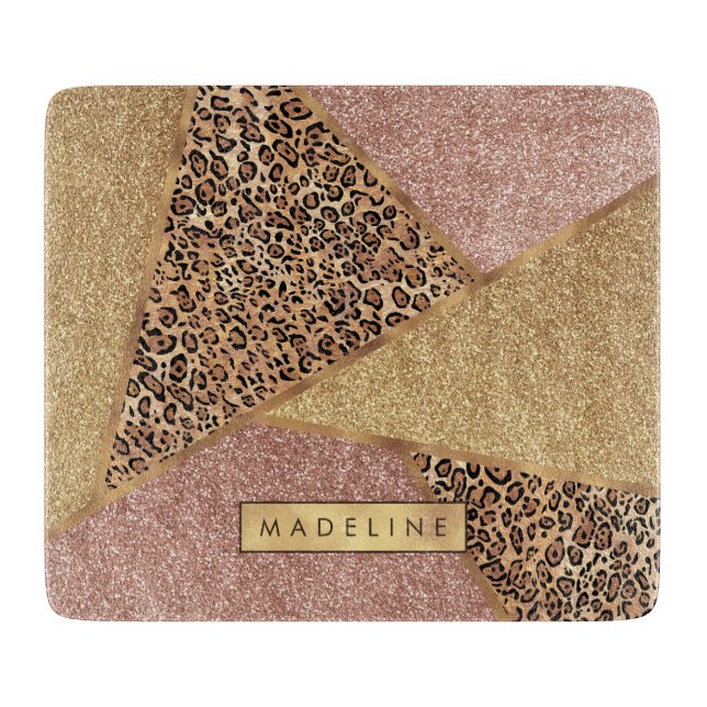 Geometrische Rose Gold Blush Glitzer Leopard Muste Schneidebrett (Vorderseite)