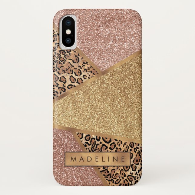 Geometrische Rose Gold Blush Glitzer Leopard Print Case-Mate iPhone Hülle (Rückseite)