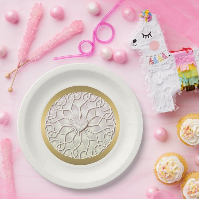 Geometrische Rose Gold LIEBE Herzmuster Pappteller (Party)