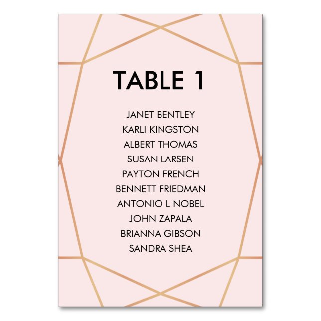 Geometrische Rose Gold Seating Chart | Benutzerdef Tischnummer (Vorderseite)