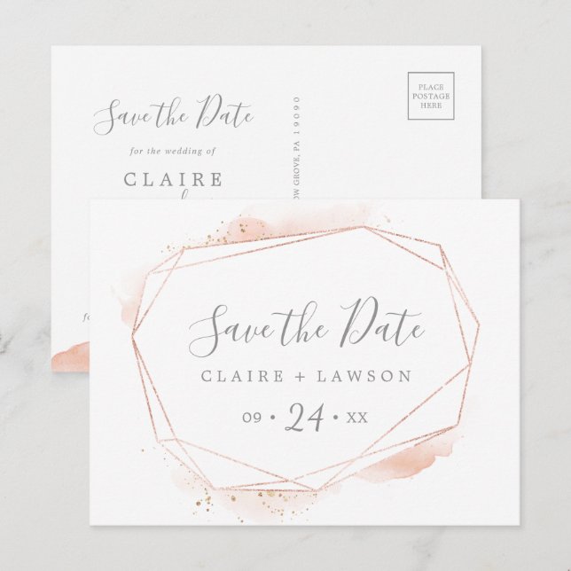 Geometrische Rose Gold Wasserfarbe Save the Date Einladungspostkarte (Vorne/Hinten)