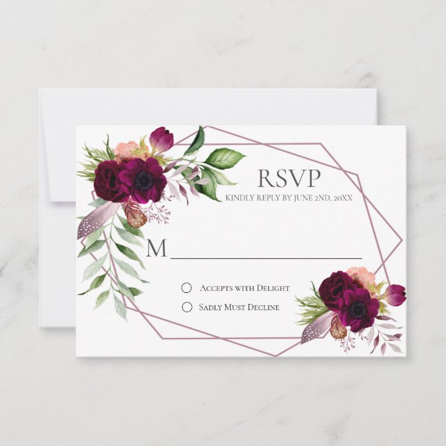 Geometrische RSVP-Karten für Bohemische florale Ro RSVP Karte (Vorderseite)