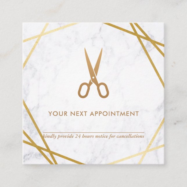 Geometrische Schere-Marmorhaar-Stylist-Verabredung Quadratische Visitenkarte (Vorderseite)