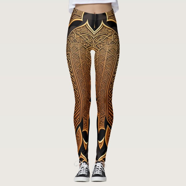 Geometrische Schwarz-Gold-Muster Leggings (Vorderseite)