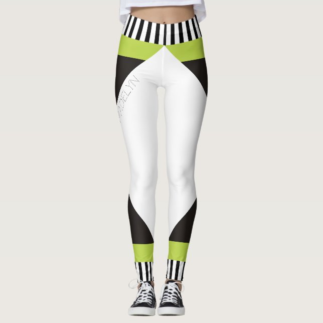 Geometrische schwarz-weiße Streifen, modern grün Leggings (Vorderseite)