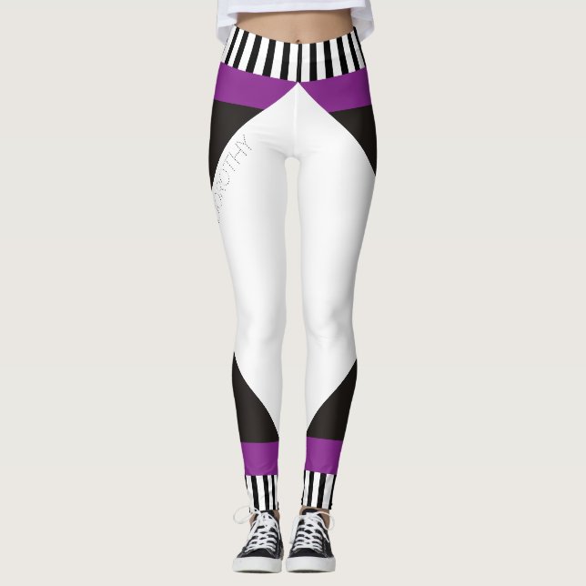 Geometrische schwarz-weiße Streifen, modern lila Leggings (Vorderseite)