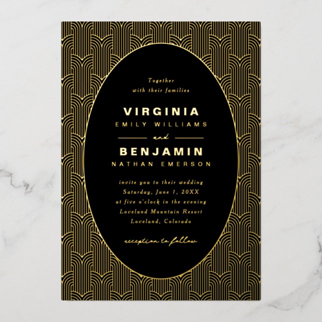 Geometrische Schwarze Hochzeit Folieneinladung (Vorderseite)