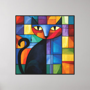 Geometrische schwarze Katze Buntglas-Raster Leinwanddruck