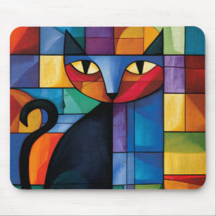 Geometrische schwarze Katze Buntglas-Raster Mousepad