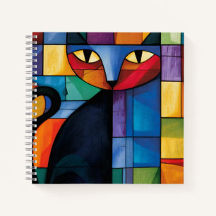 Geometrische schwarze Katze Buntglas-Raster Notizbuch