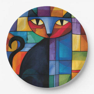 Geometrische schwarze Katze Buntglas-Raster Pappteller