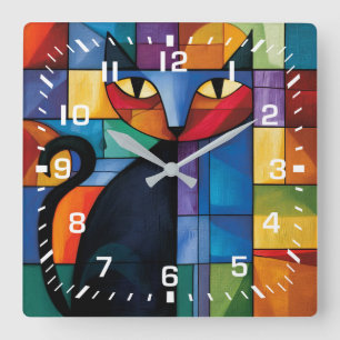 Geometrische schwarze Katze Buntglas-Raster Quadratische Wanduhr