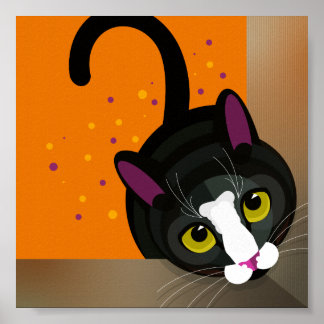Geometrische schwarze Katze, die in einen Karton s Poster