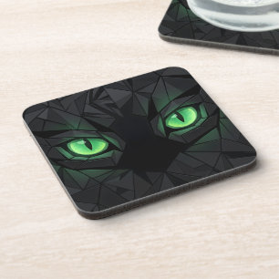 Geometrische schwarze Katze mit smaragdgrünen Auge Getränkeuntersetzer
