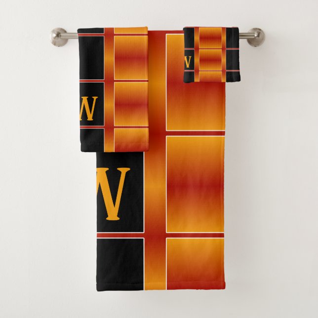 Geometrische schwarze und goldene Orangenquadrate Badhandtuch Set (Insitu)