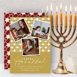 Geometrische Sterne von David Gold Hanukkah 3 Foto Feiertagskarte<br><div class="desc">Diese moderne Hanukkah-Karte verfügt über 3 Sofortkollagen aus Foto auf einem Hintergrund geometrischer Sternenmuster. Der Gruß ist eine Mix-Typografie eines trendigen Handschrift-Skripts und einfachen Sans Serif Text. Der "Happy Hanukkah"-Gruß und der Hintergrund können in jede Farbe Ihrer Wahl geändert werden. Entworfen / Original-Kunstwerk von fat*fa*tin. Einfach mit eigener Textnachricht, Name,...</div>