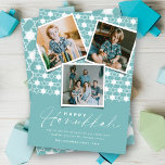 Geometrische Sterne von David Sky Blue Hanukkah 3  Feiertagskarte<br><div class="desc">Diese moderne Hanukkah-Karte verfügt über 3 Sofortkollagen aus Foto auf einem Hintergrund geometrischer Sternenmuster. Der Gruß ist eine Mix-Typografie eines trendigen Handschrift-Skripts und einfachen Sans Serif Text. Der "Happy Hanukkah"-Gruß und der Hintergrund können in jede Farbe Ihrer Wahl geändert werden. Entworfen / Original-Kunstwerk von fat*fa*tin. Einfach mit eigener Textnachricht, Name,...</div>