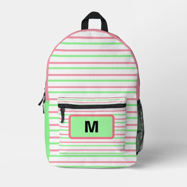 Geometrische Streifen in Monogramm, rosa, weiß Bedruckter Rucksack (Vorderseite)